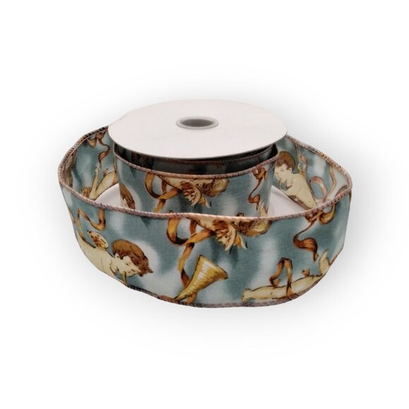 Cherub Wire Edge Fabric Ribbon 2 Inch Wide Blue and Gold - Never Used 6 Yards - Picture 2 of 3